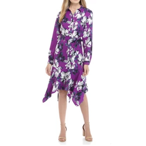 Cheztu Dresses & Skirts - Cheztu Floral Print Tie Shirtdress Layered Hem Dress Size 8 NWT